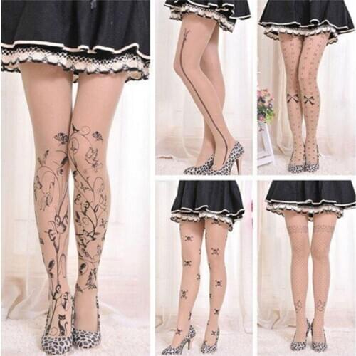 Japan Printed Tattoo Patterns Women Pantyhose Fashion Sweet Girl Sexy Tights Female Stocking Transparent Silk Tights