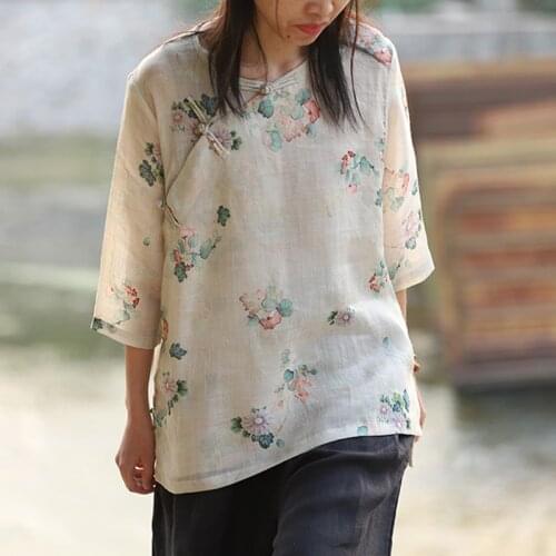 Johnature Women Ramie Shirts And Tops Vintage O-Neck Seven Sleeve Clothes 2021 Spring Chinese Style Button Print Floral Blouses