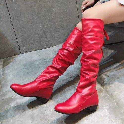 Woman Knee High Boots Black White Tall Boots Sexy Pleated Slip On Shoes Women PU Leather Long Boots Autunm Winter Female Shoes