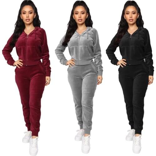 Women Winter Fashion Velvet Hooded Zipper Sweater Two-piece Matching Set Elastic Waist Trousers Suit Africaine Casual Outfits