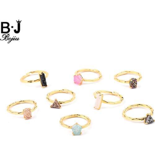 BOJIU New 32 Styles Natural Druzy Stone Women Rings Gold-color Copper Pink White Black Gray Coffee Brown Drusy Quzrtz Ring RI039