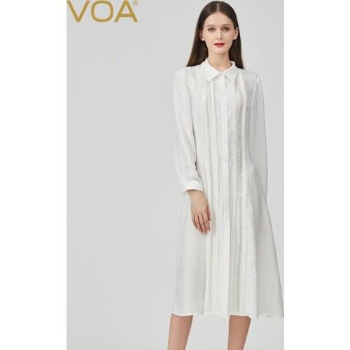 VOA New Product Pupa-shaped Jacquard Silk Polo Collar Single-breasted Long-sleeved Tucker Pleated Waist White Shirt Dress AE1060