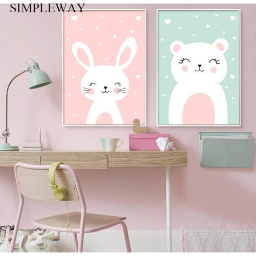 Cartoon Animal Rabbit Cat Canvas Poster Nursery Wall Art Print Canvas Painting Nordic Kids Decoration Picture Baby Bedroom Decor