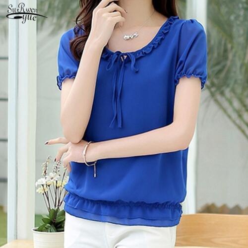 Chemisier Femme 2021 Summer Korean Loose Thin Solid Color Summer Tops Round Neck Ruffle Short Sleeve Chiffon Blouse Women 9527