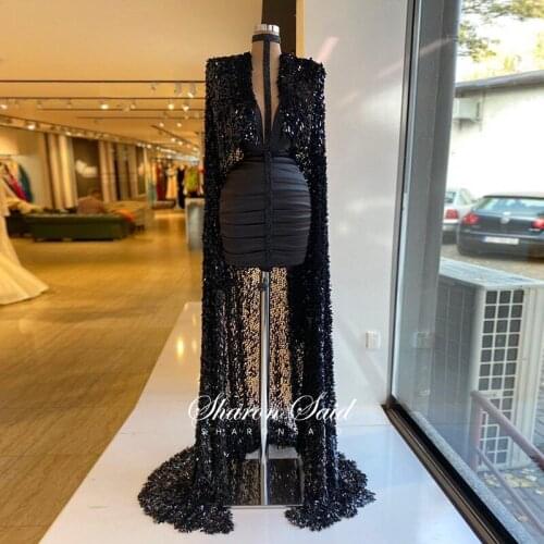 Black Sequin Short Front Long Back Evening Dress with Shawl Cape High Neck African Prom Dresses Graduation Cocktail Party Gowns