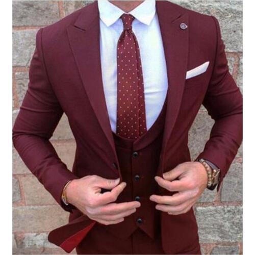 Formal Occasion Burgundy Men Suits 3 Pieces (Jacket+Pant+Vest+Tie) Two Buttons Groom Terno Masculino Custom Made Slim Fit Blazer