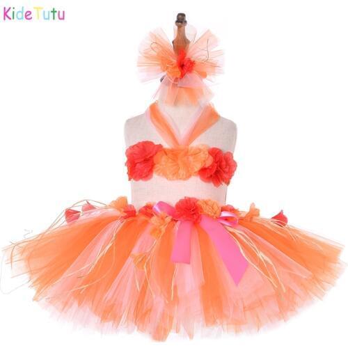Hawaii Summer Girl Hula Tutu Dress Kids Orange Lace Ribbons Flowers Birthday Party Dance Outfit Child Hawaiian Halloween Costume