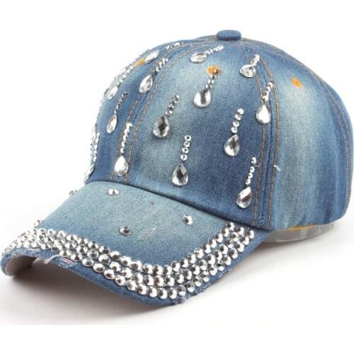 Denim Hip Hop Caps Woman Cap With Water Drop Rhinestones Vintage Jean Baseball Caps
