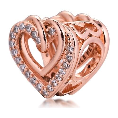 Valentines Day Sparkling Entwined Hearts Charm Rose Gold Jewelry Fits Original Charm Bracelet & Necklace Woman DIY Bead