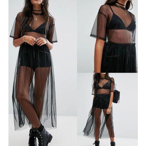2018 Summer Volie Mesh Dresses Women See Through Black Gauze Mesh Sundress Half Sleeve Lace Sexy Outwear 1-Piece Summer