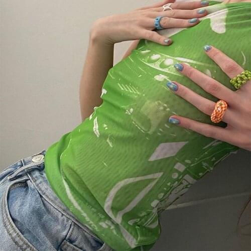 Ladies Summer Mesh Tank Tops Sleeveless Abstract Pattern Printed Round Neck Slim Fit Base Exposed Navel Vest for Daily