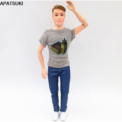 Fashion Doll Clothes For Ken Doll Outfit Gray T-shirt & Denim Jeans Pants For Barbie Boyfriend Ken Male 1/6 Dolls Accessories