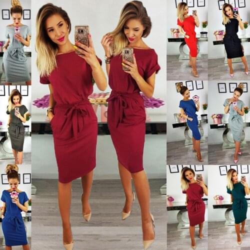 Fashion women sashes o neck short sleeve dress lady causal leisure summer dress brand pure color slim summer dress