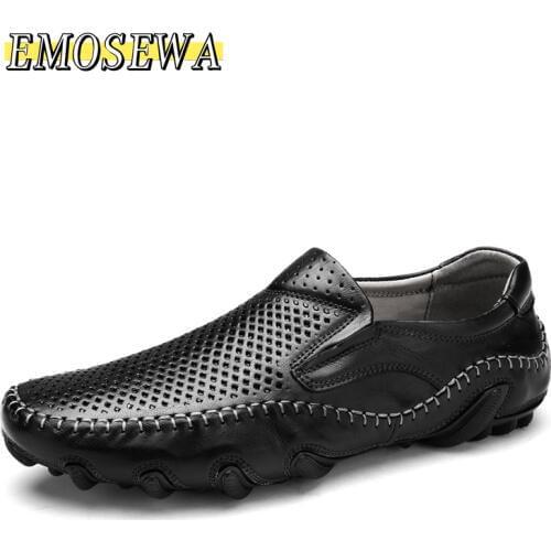 EMOSEWA Brand Genuine Leather Hollow Out Men Casual Shoes Cool Size 38-44 Slip On Loafers Men Sewing Breathable Driving Shoes