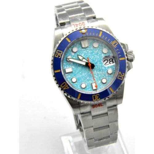 Blue Pattern Dial Luminous Date 40MM Mens Watch Automatic Mechanical Steel Band Sapphire Glass Transparent Back Cover
