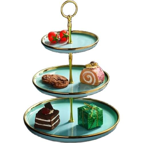 Mint Green Three-layer Cake Plates Pink Ceramic Fruit Plate Afternoon Tea Snack Stand Household Storage Tray Candy Dessert Hol