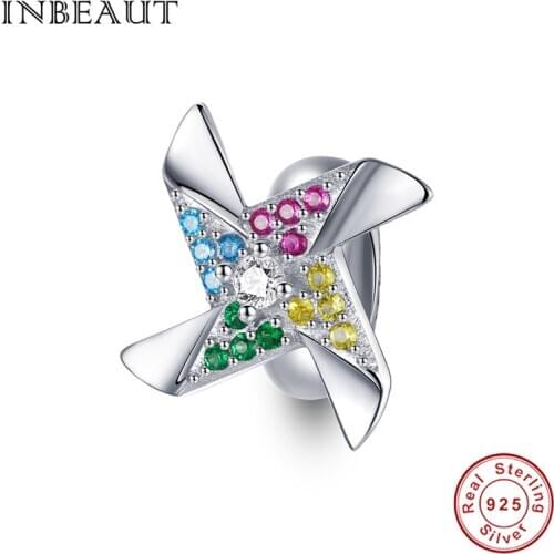 Genuine 925 sterling silver CZ charm dazzling windmill colorful stopper rubber beads fit original silver bracelet DIY jewelry