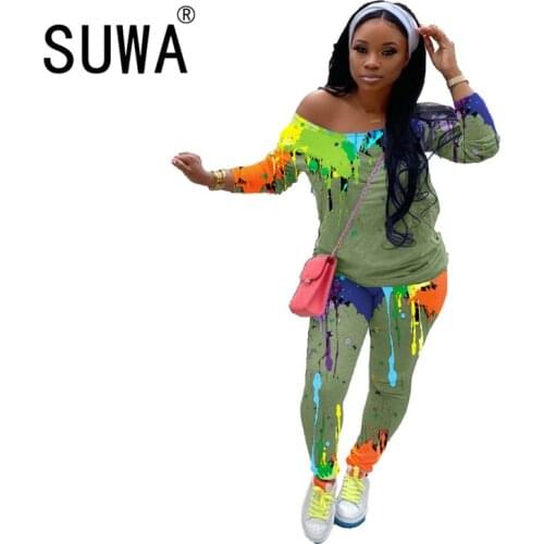 2020 new product colorful print tracksuit women two piece sets long sleeve t-shirt top + high waist sport pants sweat suit