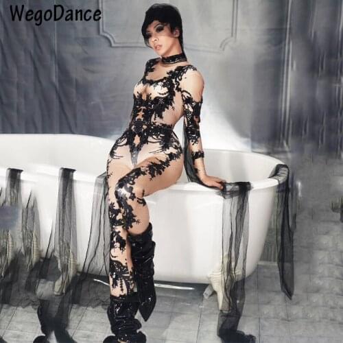 New Black Pattern Rhinestones Bodysuit Singer Dance Costume Outfit Stage Performance Party Performance Dance Women Clothing