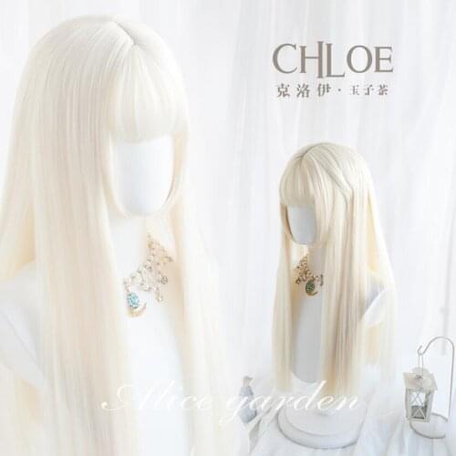Chloe Pale Gold Lolita Wig Kawaii Hime Cut Harajuku Fairy Cosplay Bangs Blond Straight Long Sweet Adult Party Girls Hair