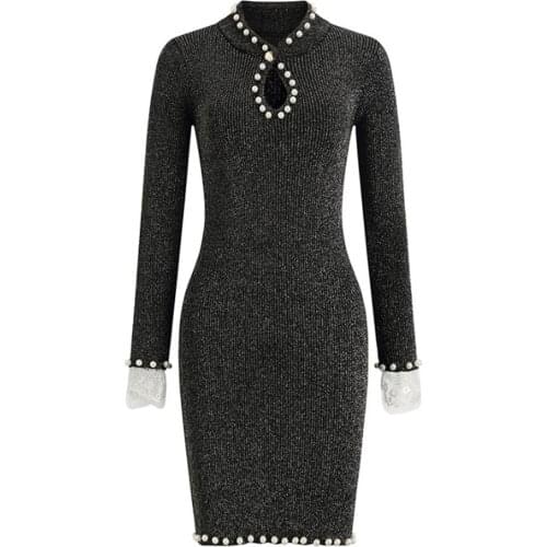 Bead work sweaters women autumn bodycone long sweaters pearl womens winter sweaters