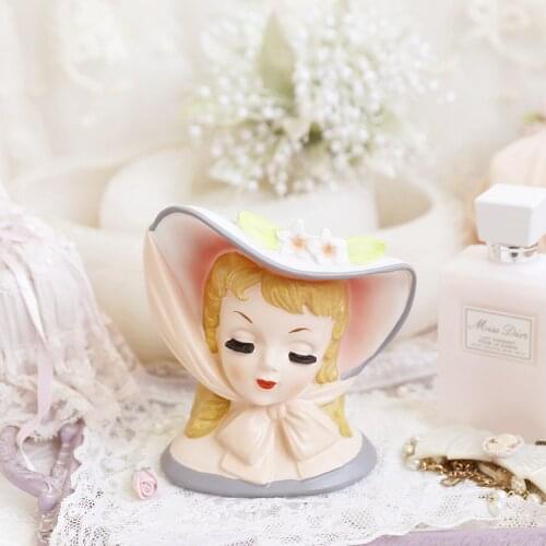 Retro Beautiful woman Human head desktop storage organization Makeup brush pen Bow tie Little girl room accessories
