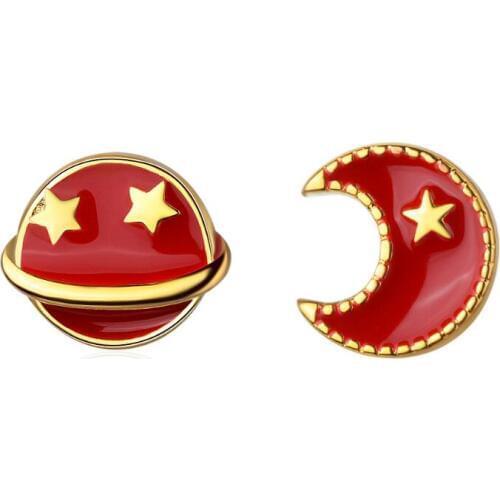 Red Drip Moon Asymmetry Planet Star Stud Earrings Trend Creative 925 Sterling Silver Pendientes Jewelry Boucle D'oreille SAE64