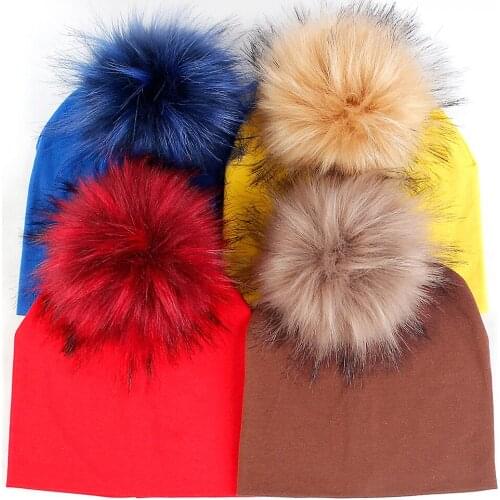 Lovely Beanies For Kids Children Beanie Hat With Faux Fur Pompom Cap Solid Color Soft Warm Cute Boys Girls Unisex Skull Hats
