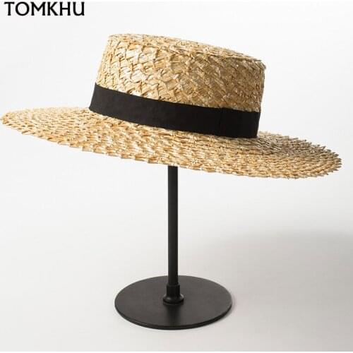 New Trend Summer Handmade Sun Hat for Women Bucket Straw Hat Flat Top Straw Hat Beach Caps Panama Fedora Black Ribbon Girls Hat