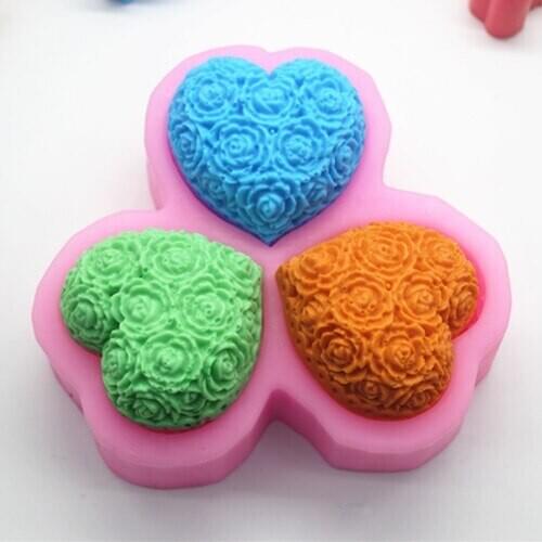 Silicone mould 3 cavity rose flower heart shape fondant cake chocolate mold resin clay craft mould decoration tools