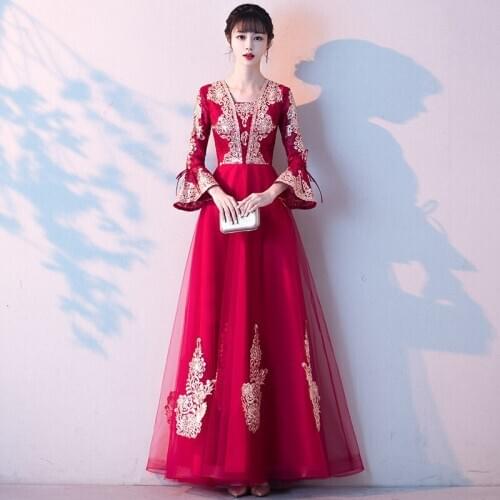 Embroidery Chinese Traditional Vestidso Elegant Bride Wedding Party Dress Noble Flower Full Length Slim Qipao