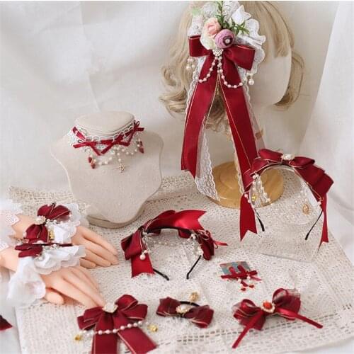 Vintage Red Sweet Lolita Lace Crossover Strap Bow Headwear Maid Hair Band KC Hair Accessories Headbands B1777