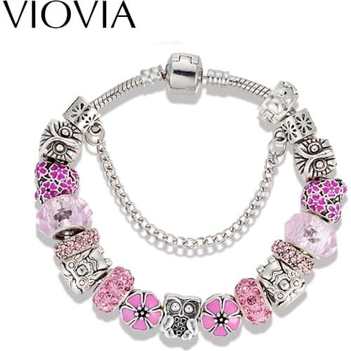 VIOVIA 2019 European Owl Charm Bracelet For Women Pink Crystal Beads Bracelets & Bangles DIY Jewelry Pulseras B16073