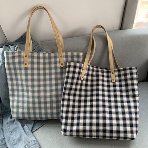 Youda Women Plaid Canvas Shoulder Bag Female Cotton PU Handbags Environmental Shopping Bags Girl Simple Literary Checked Tote