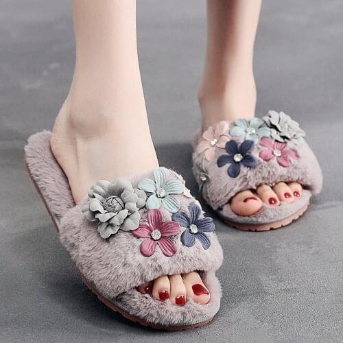 Women Furry Slippers Ladies Shoes Fashion Colorful Flowers Fluffy Sandals Indoor Fur Slippers Winter Warm Flip Flop Female qq967