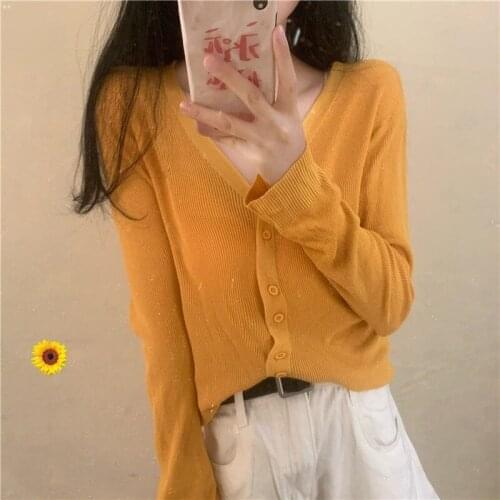 Women Summer 2021 New Oversized Solid V-neck Basic Ice Silk Knitting Sweaters Female Korean Office Ladies Jumpers Cardigans S415