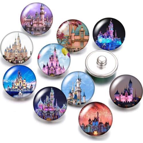 Famous Building beauty castle 18mm snap buttons 10pcs mixed round photo glass cabochon style for snap button jewelry