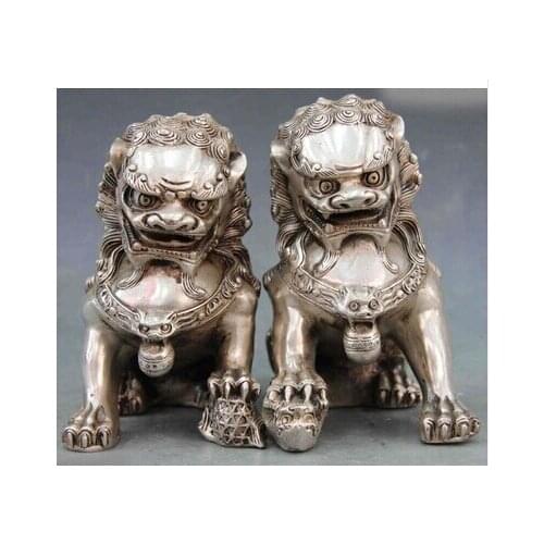 15CM 2PCS Chino blanco Copper Silver Fengshui Evil Foo perro Kilin valientes tropas par copper decoration factory Pure Brass