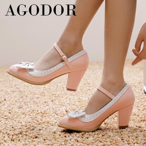 AGODOR Patent Leather High Heels Women Shoes Round Toe Thick Heel Pumps Bow Buckle Strap Female Footwear Spring Pink Big Size 48