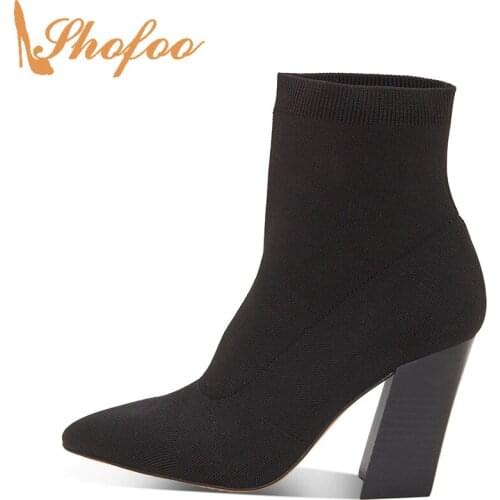 Black Sock Ankle Boots High Chunky Heels Woman Pointed Toe Booties Large Size 12 15 For Ladies Winter Fashion Warm Shoes Shofoo
