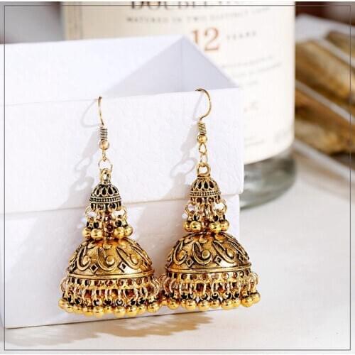 Indian Tibetan Jewelry Womens Gold Color Big Bell Jhumka Earrings Ethnic Gypsy Tassel Alloy Drop Earring Oxidized Jewelry
