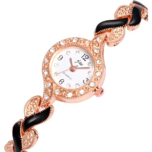 Fashion lady Rhinestone Round Dial Leaf Linked Thin Strap Quartz Wrist Watch Ladies Dress Watches Gift Luxury