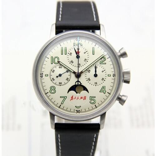 Red STAR Moonphase Chronograph 1963 Men Calendar ST1908 Movement Sports Pilot Mechanical Watches Luminous Hands Multi-function