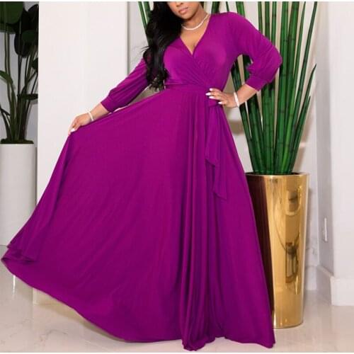 2021 Long Sleeve V Neck Wrap Autumn Maxi Dress Casual Elegant Evening Party Floor Length Dresses For Woman