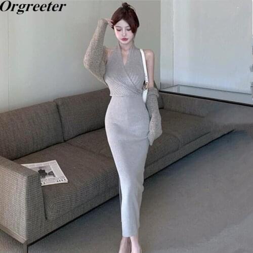 Autumn New Knitted Dress Shawl Two piece set Women Sexy Halter Strapless Sheath Bodycon Long Maxi Sweater Dress Suits