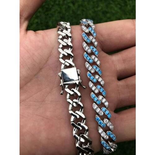 9MM Cuban Link Chain Micro Pave Blue White Cubic Zirconia Necklace Bling Iced Out Men Fashion Rock Punk Hip Hop Jewelry Gift