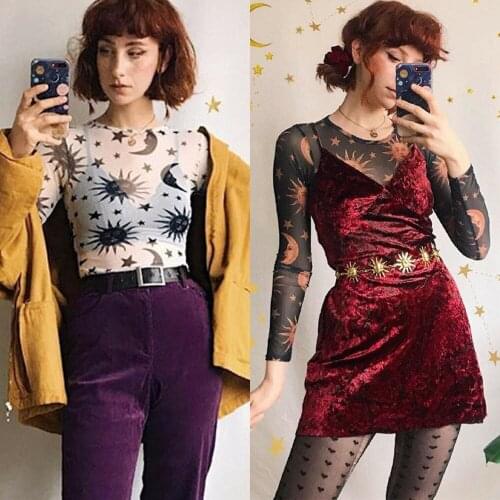 Sexy Women Sun Moon Printed See Through Transparent Mesh Crop Tops Black White Long Sleeve Sheer Slim Ladies Round Neck T-Shirt