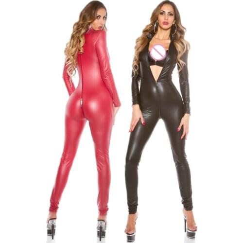 S-5XL Sexy Wetlook Stretch Latex Bodysuit for Women Double Zipper Open Crotch PU Leather Jumpsuits Nightclub Dance Wear