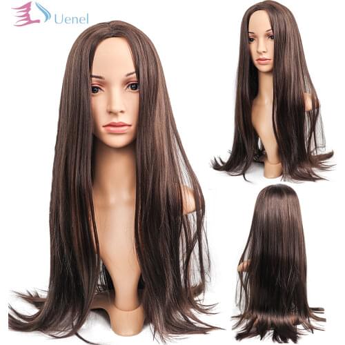 Uenel Ladies Light Brown Long Straight Hair Synthetic Wigs European and American High Temperature Fiber 28Inch Free Shipping