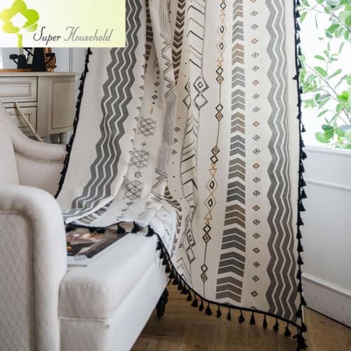 Bohemian Style Cotton and Linen Fabric Black Tassel Curtains Finished for Living Room Bedroom Window Kitchen Decor SP12